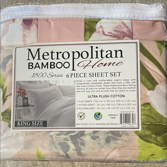 Metro Home Bamboo Sheet Set - Pink and Green Floral Design - Picture 2 of 3